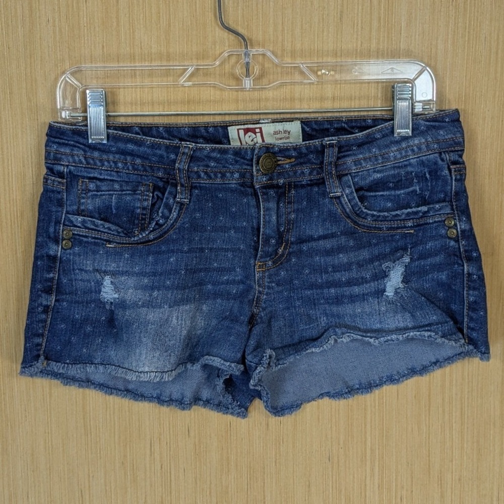LEI Ashley Lowrise‎ Star Denim Cut Off Booty Shorts Blue Distressed Juniors 9